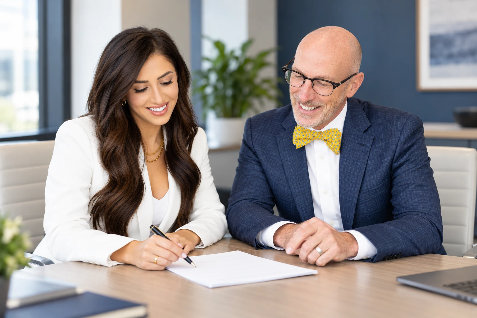 AI-generated concept of Chayce and Chip discussing a document at a conference table